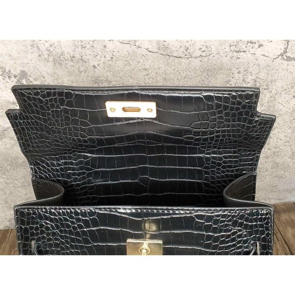 KELLY CROC BIRKIN-STYLE BAG MEDIUM BLACK Back in S - Picture 4 of 10